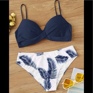 Navy Blue and White Feather Print Bikini